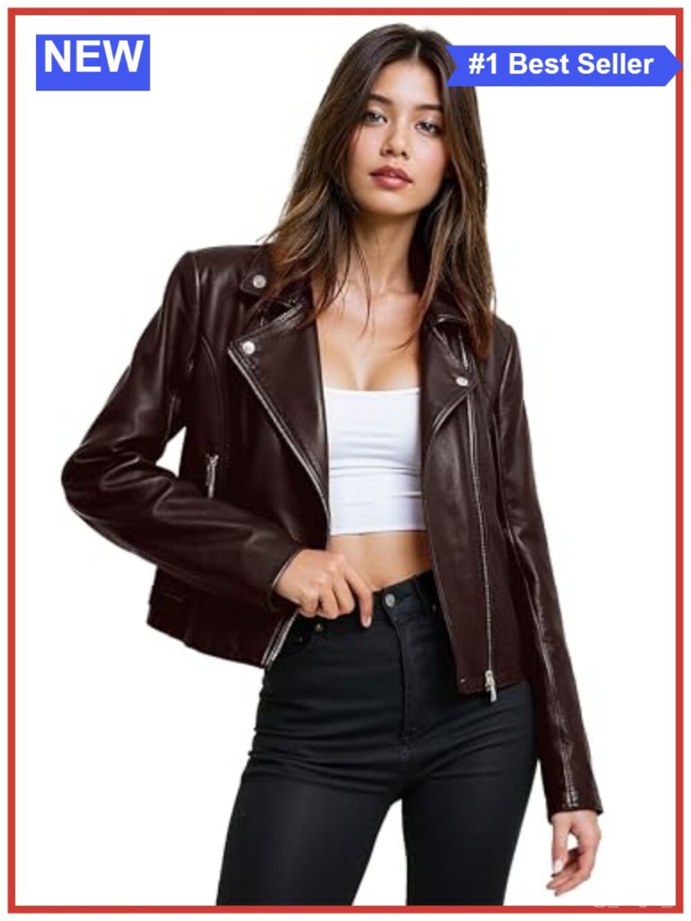 Faux Leather Moto Biker Jacket Slim Fit Zip-Up Women's